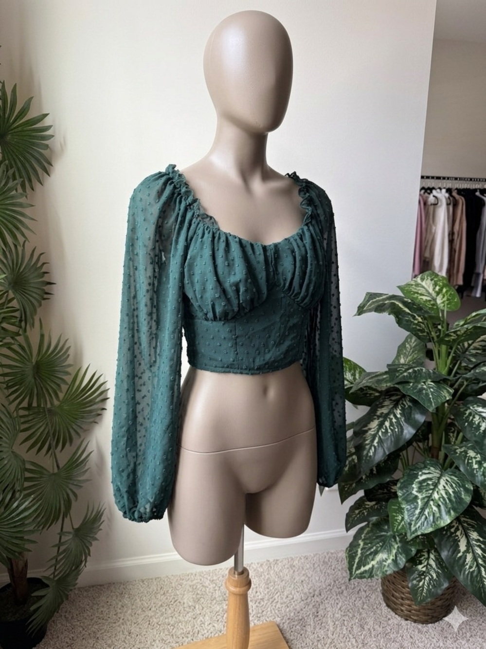 SHEIN Teal Green Swiss Dot Puff Sleeve Cropped Top